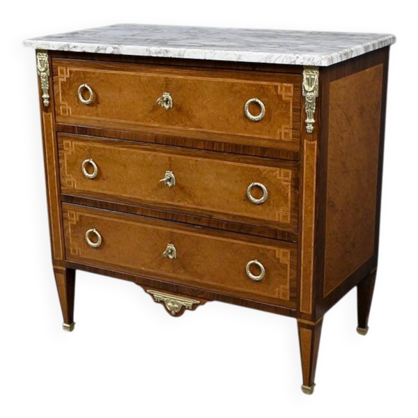 Petite commode en loupe d’amboine et palissandre, style Louis XVI – 1940
