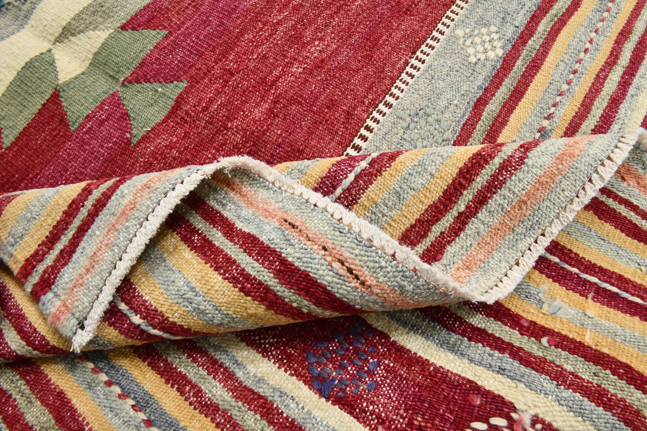 Wine Red & Green Turkish Kilim Rug, 156x224Cm