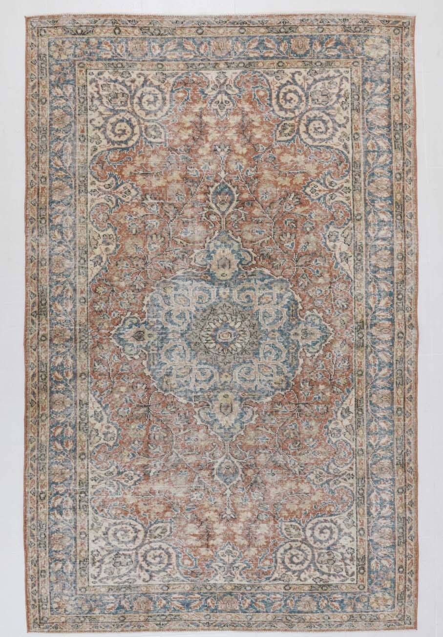 Tapis Persan Ancien – Fait Main Vintage à Médaillon, Tons Bleu et Brique
