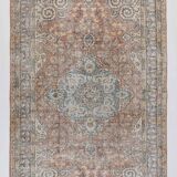 Tapis Persan Ancien – Fait Main Vintage à Médaillon, Tons Bleu et Brique