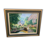 Painting painting on canvas framed bridge aven Bretagne by Christine durvis vintage