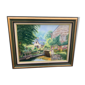 Painting painting on canvas framed bridge aven Bretagne by Christine durvis vintage