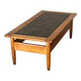 Table basse en chêne, plateau en ardoise vintage 1960