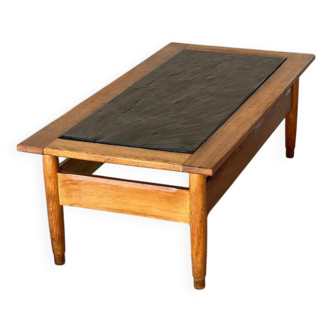 Table basse en chêne, plateau en ardoise vintage 1960