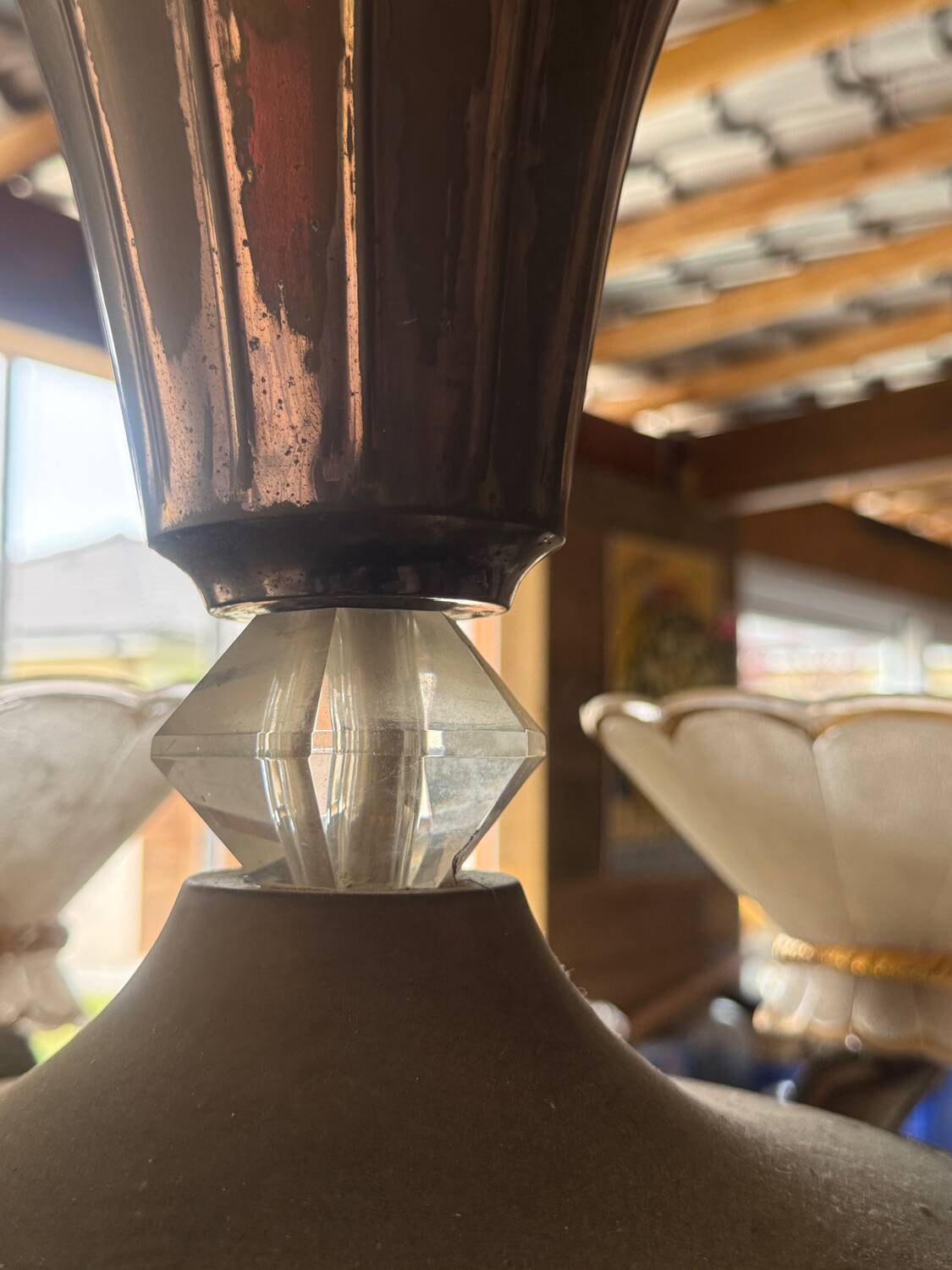 Art Deco Chandelier with Six Lights in Bronze and Frosted Glass, France, 1930s