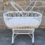 Bed crib bamboo rattan with wheels, white, with handle, vintage, 60s