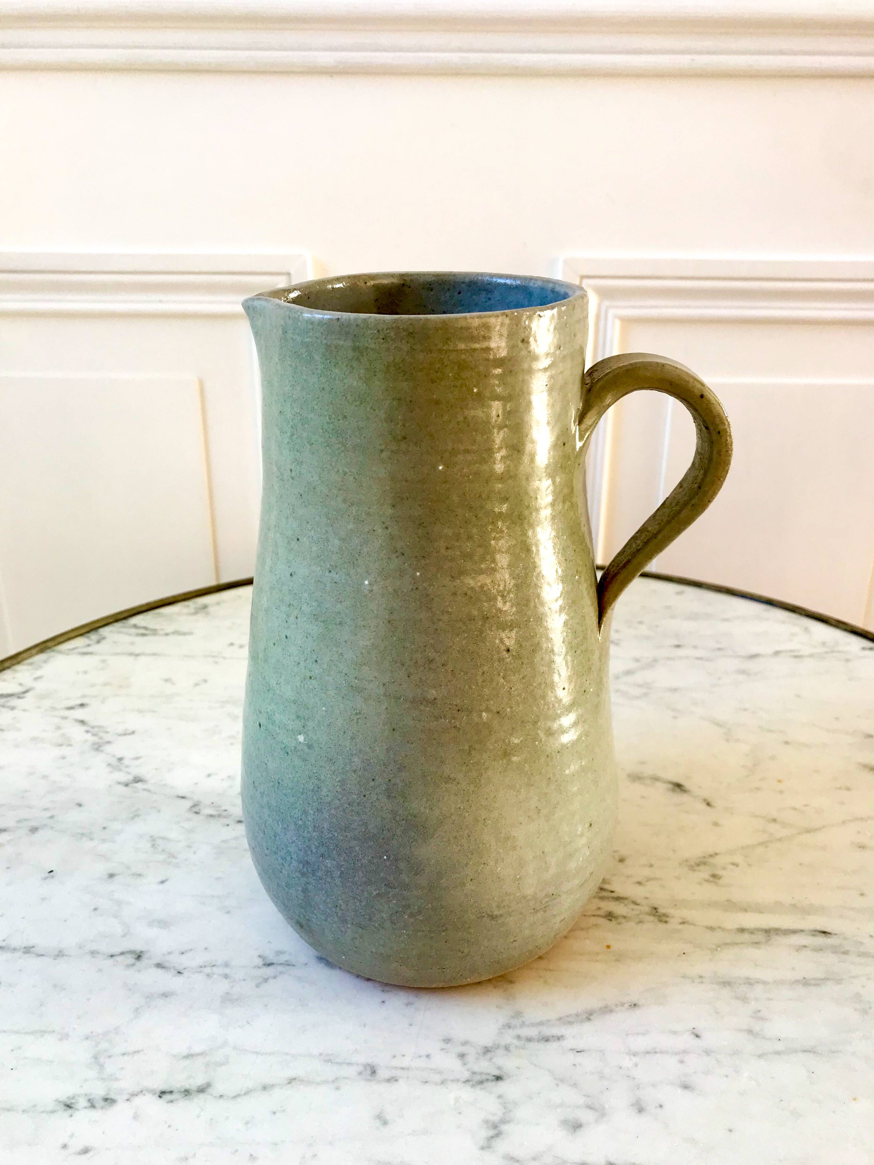 blue stoneware pitcher artisanal pottery 70s