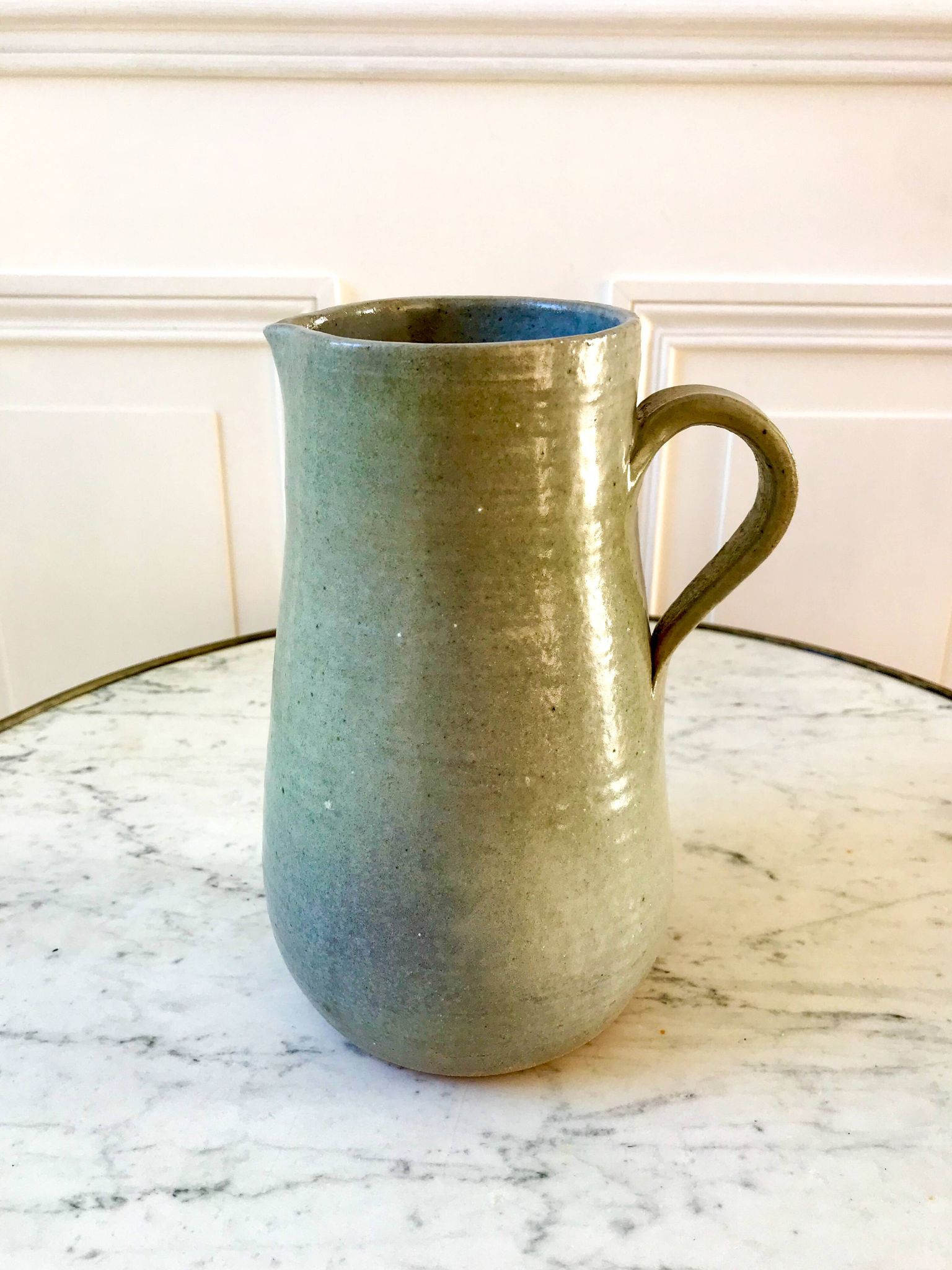 blue stoneware pitcher artisanal pottery 70s