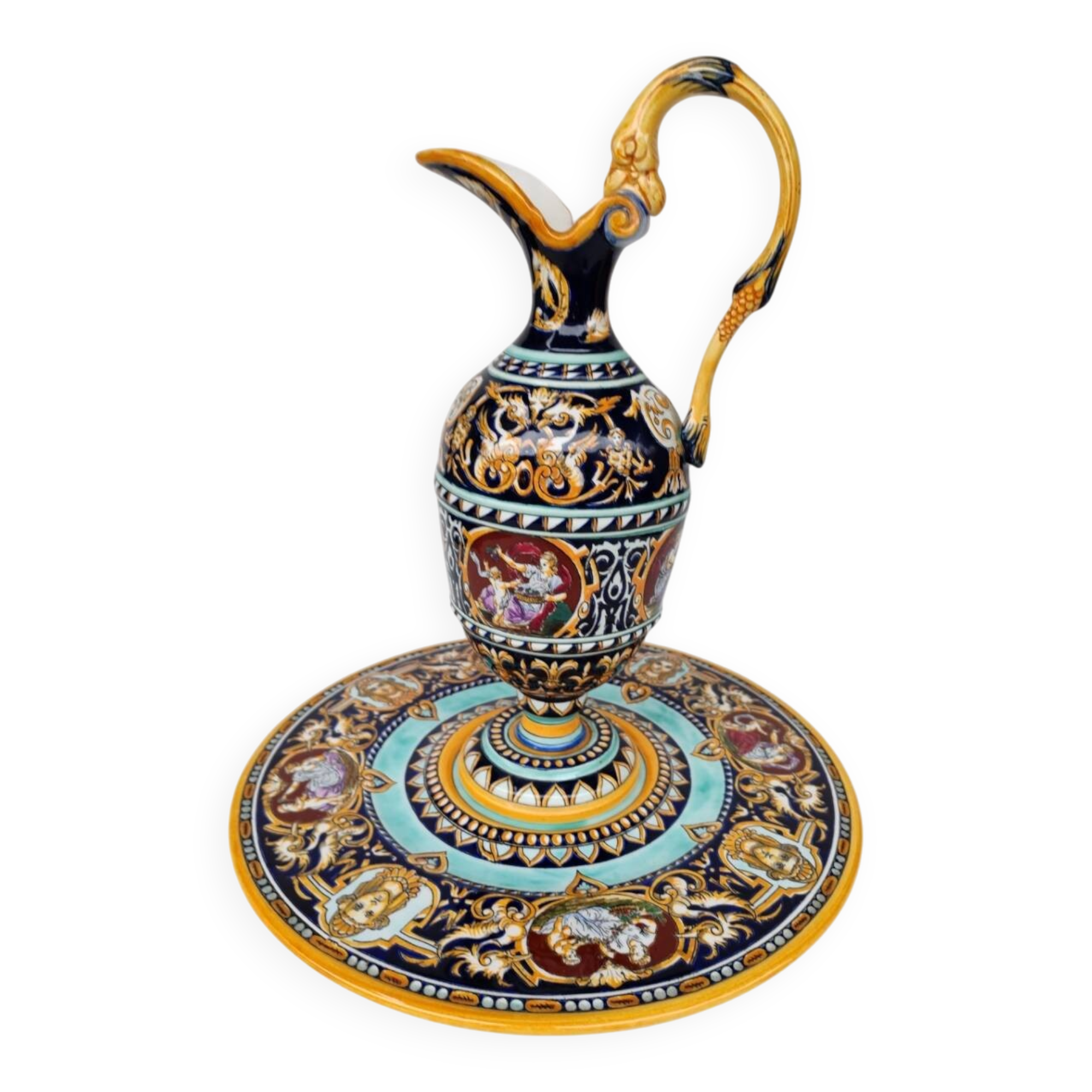 Ewer and its basin, in Gien earthenware, Renaissance model, 20th century.