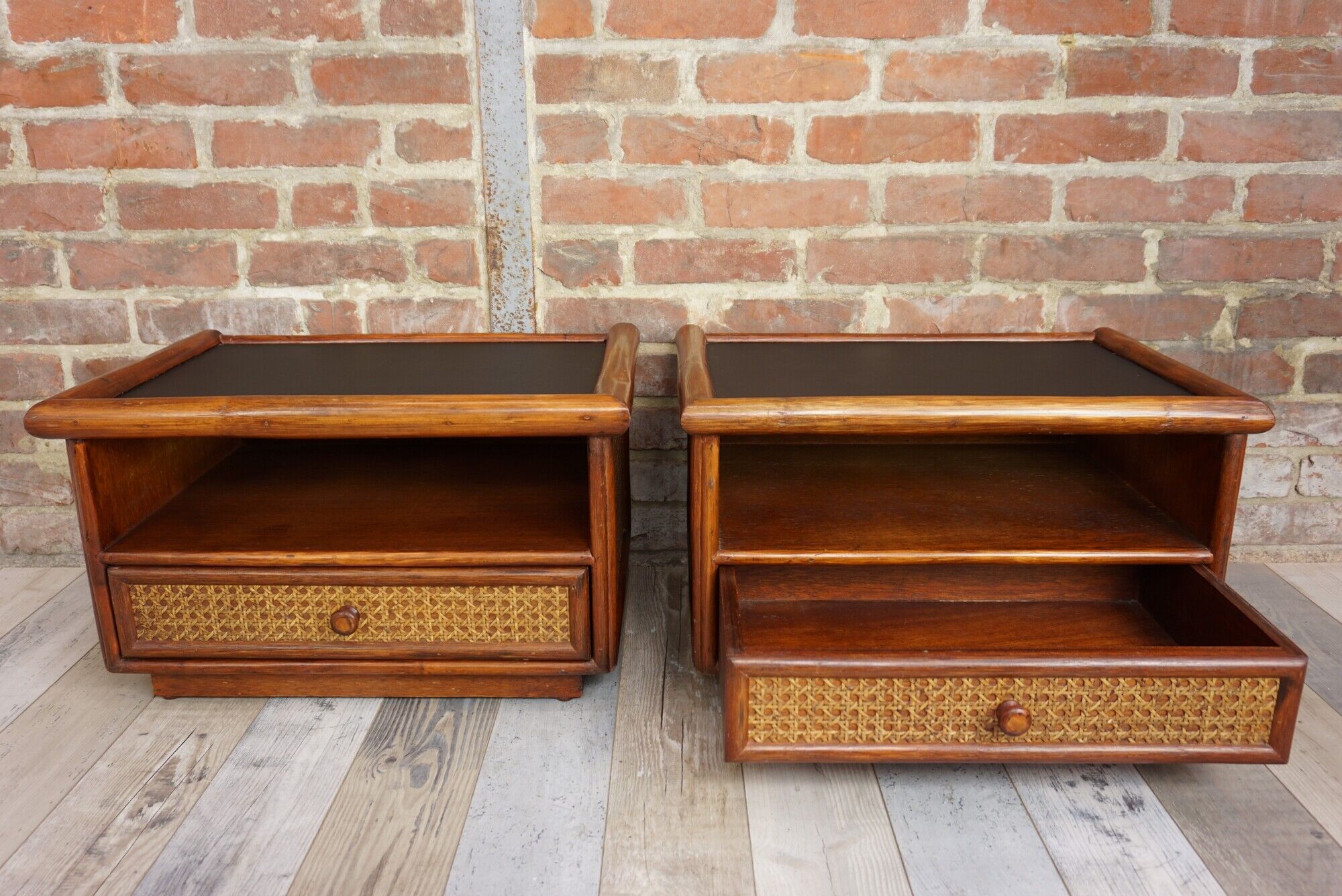 Pair of wooden bedside tables, rattan, canning and faux black leather