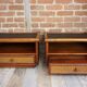 Pair of wooden bedside tables, rattan, canning and faux black leather