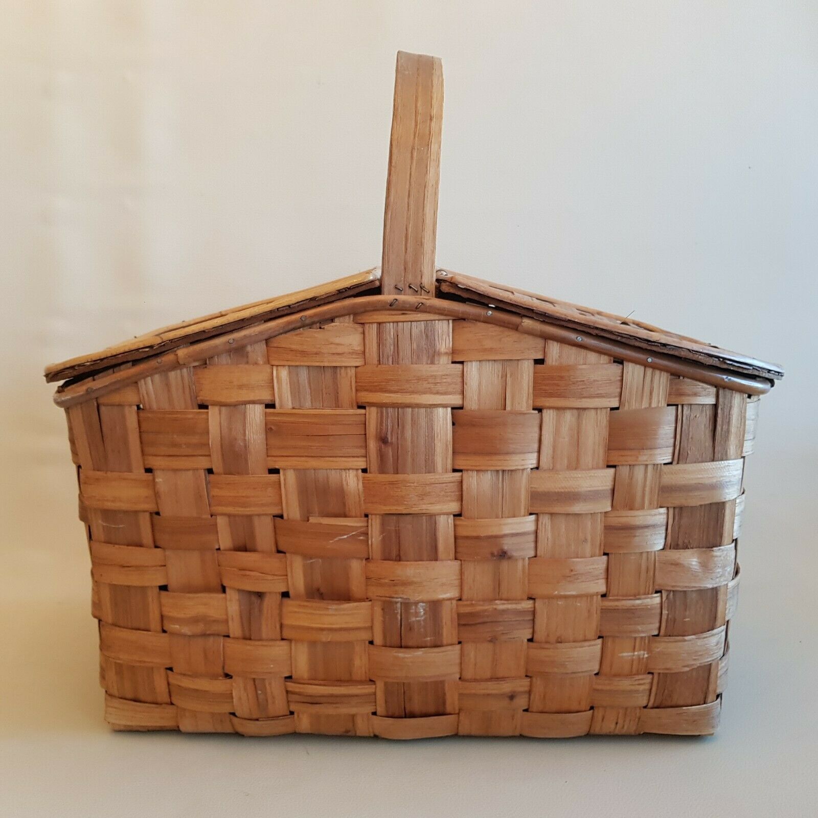 Old picnic basket wicker bamboo braided double opening