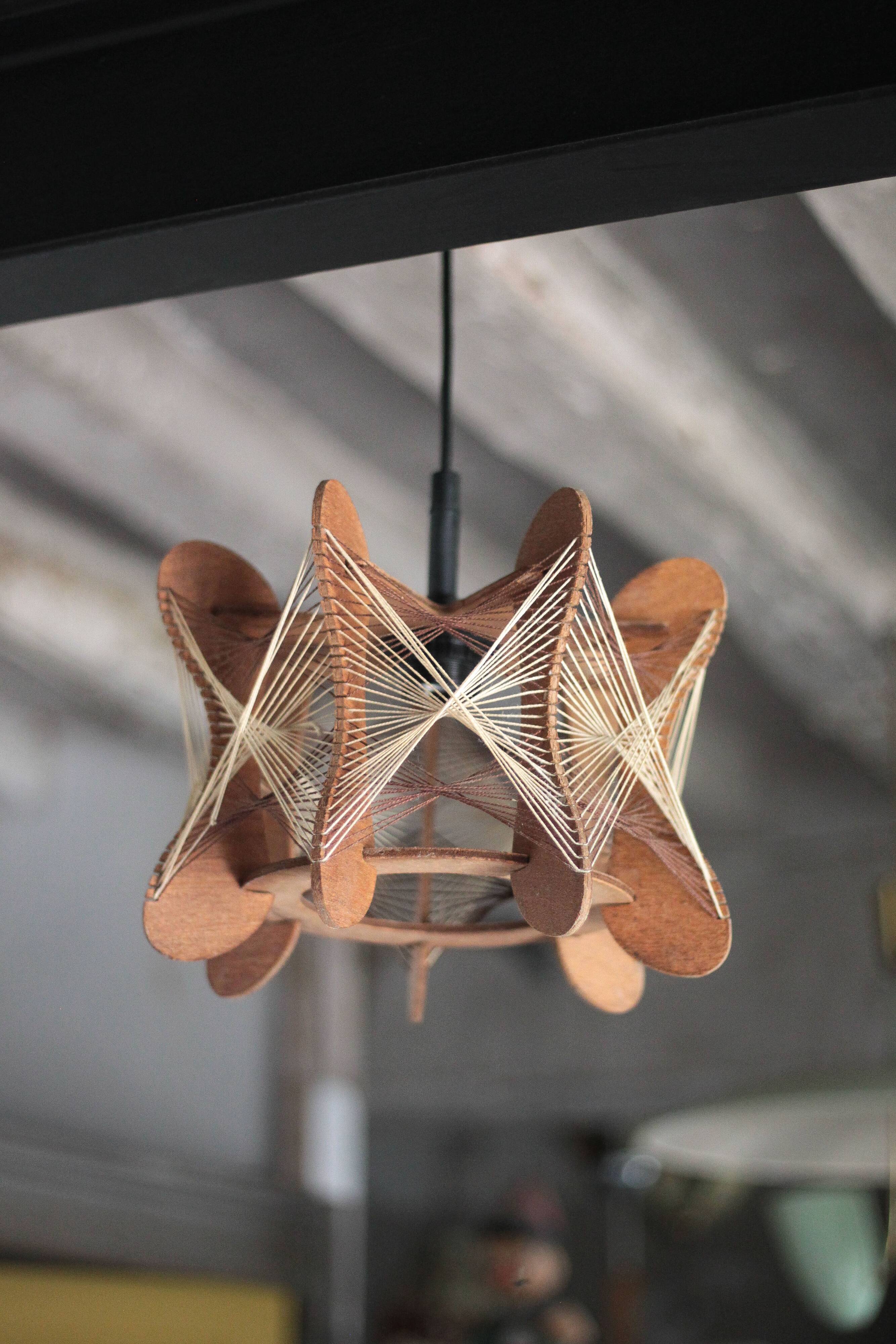 Vintage Scandinavian wooden suspension with stretched wires, chandelier, 70's lamp.