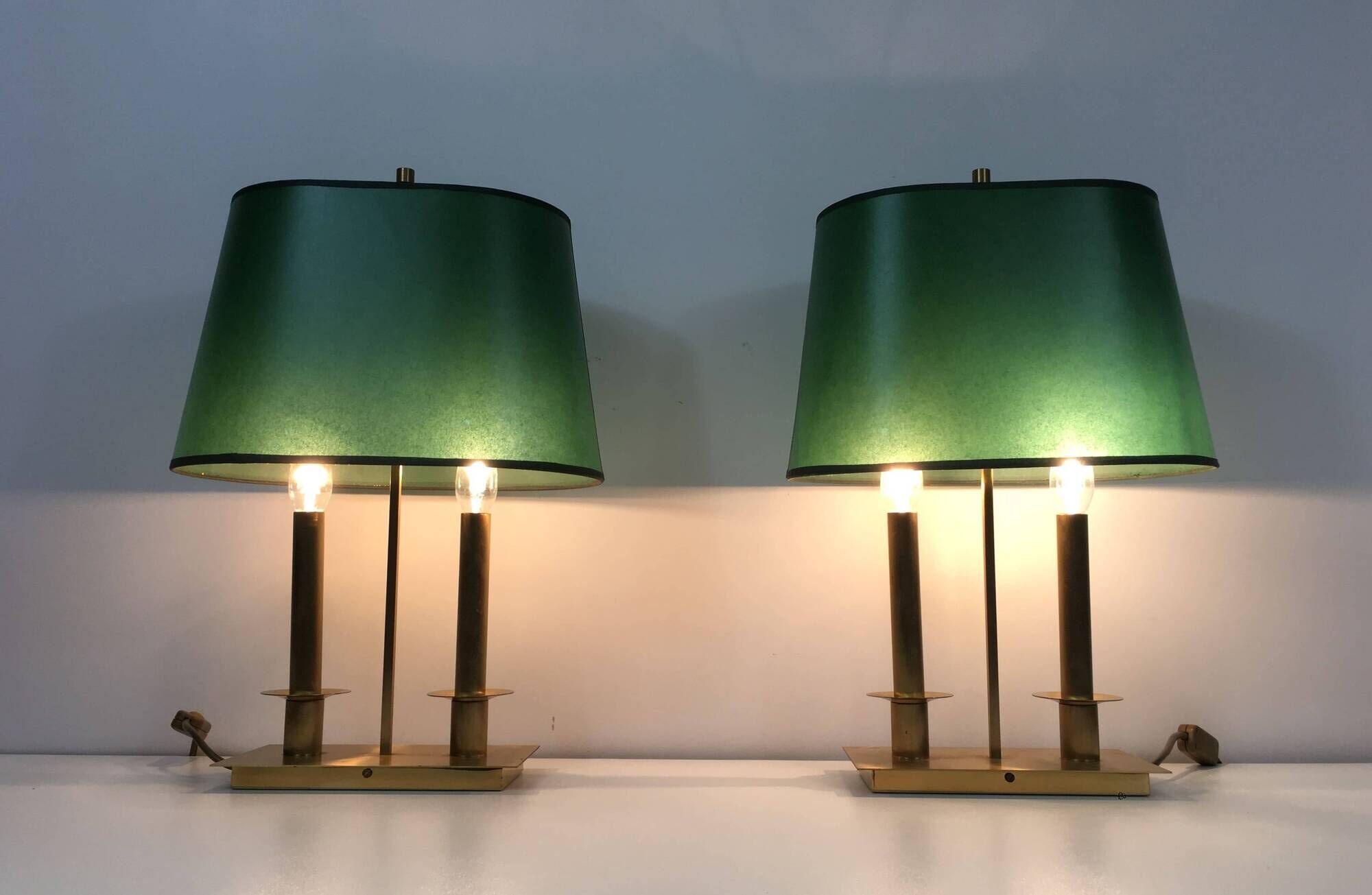 Pair of Two-Light Table Lamps in Brass with Green Shades. Work F