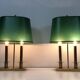 Pair of Two-Light Table Lamps in Brass with Green Shades. Work F