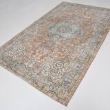 Tapis Persan Ancien – Fait Main Vintage à Médaillon, Tons Bleu et Brique