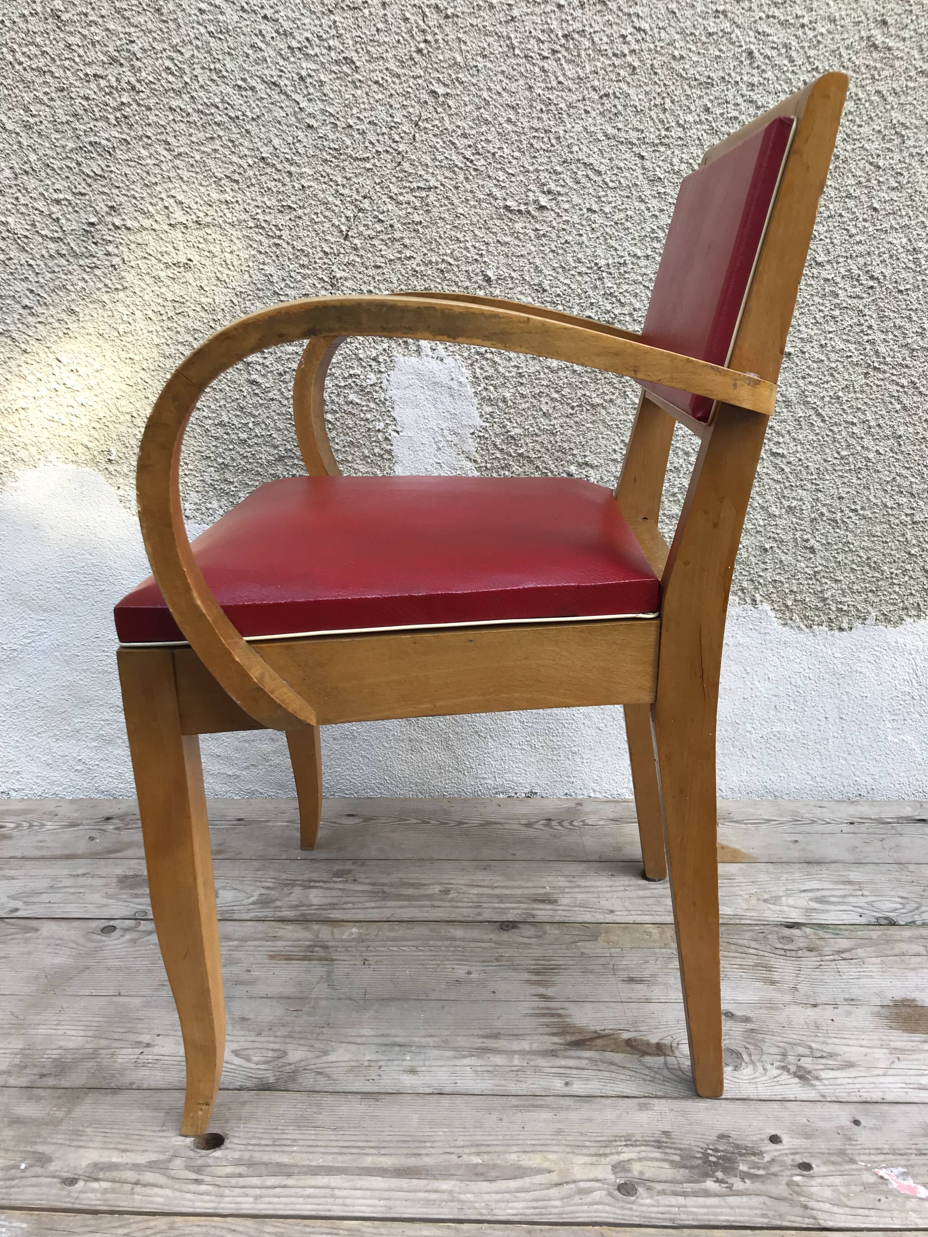 Fauteuil bridge ancien bois & skai rouge années 70