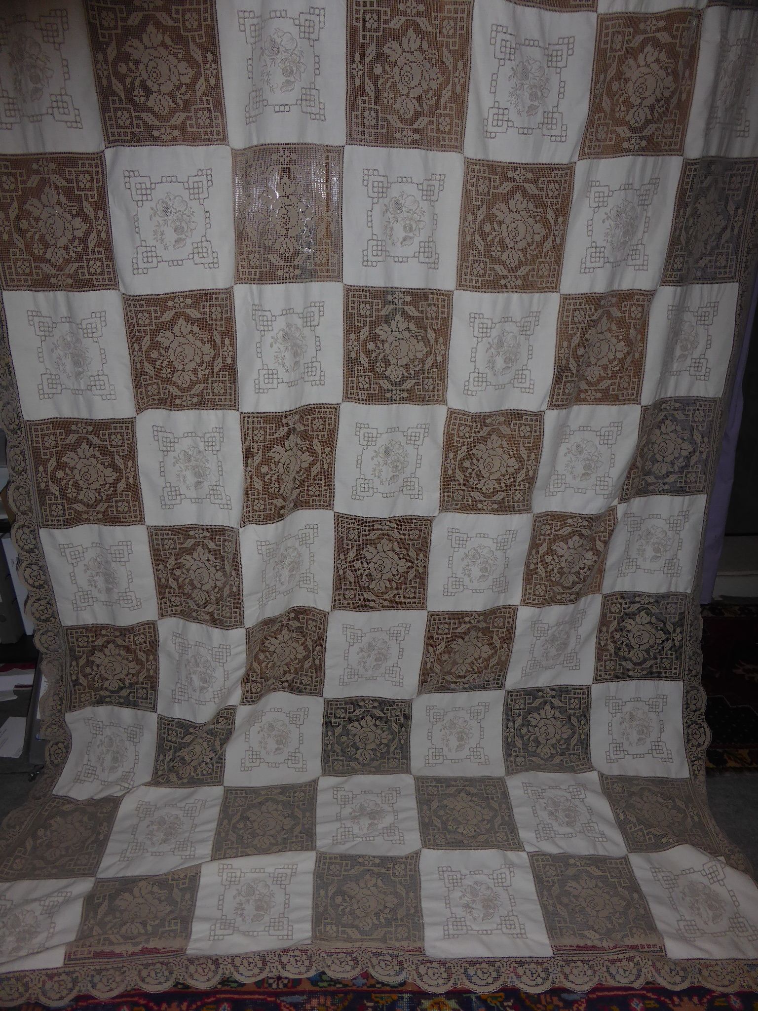 Old tablecloth in ecru cotton embroidered with flowers and embroidered mesh lace-176x282