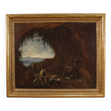 Antique Genoese painting from the 18th century, monks praying in a cave