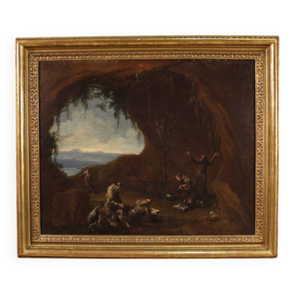 Antique Genoese painting from the 18th century, monks praying in a cave