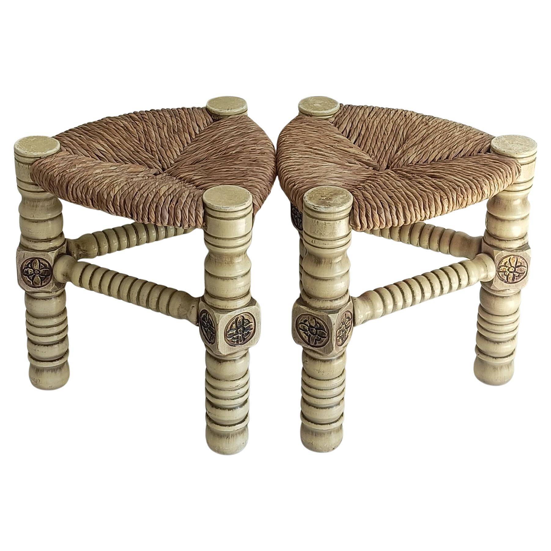 Brutalist Hand-Carved Wood and Fiber Stools, Belgium, Circa 1960s