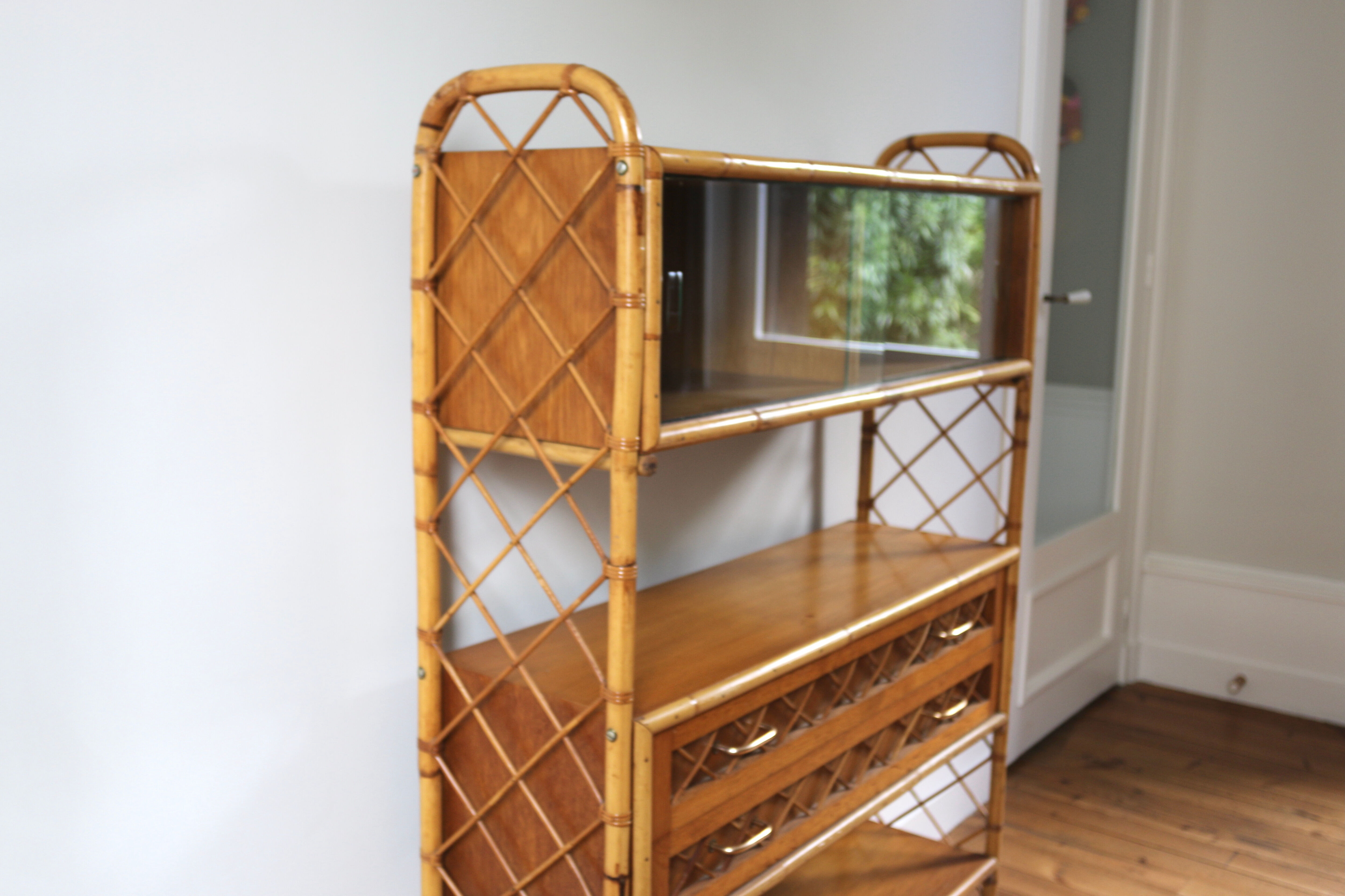 Vintage rattan bookcase Louis Sognot 60s
