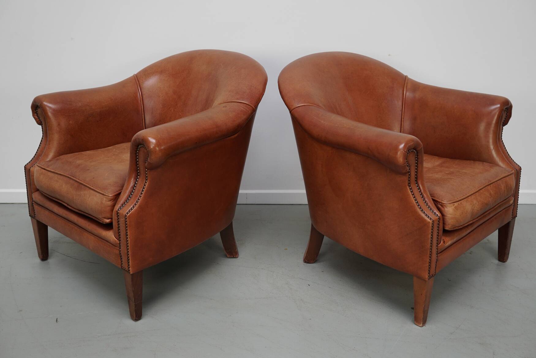 Vintage Dutch Leather Club Chairs in Cognac, Set of 2