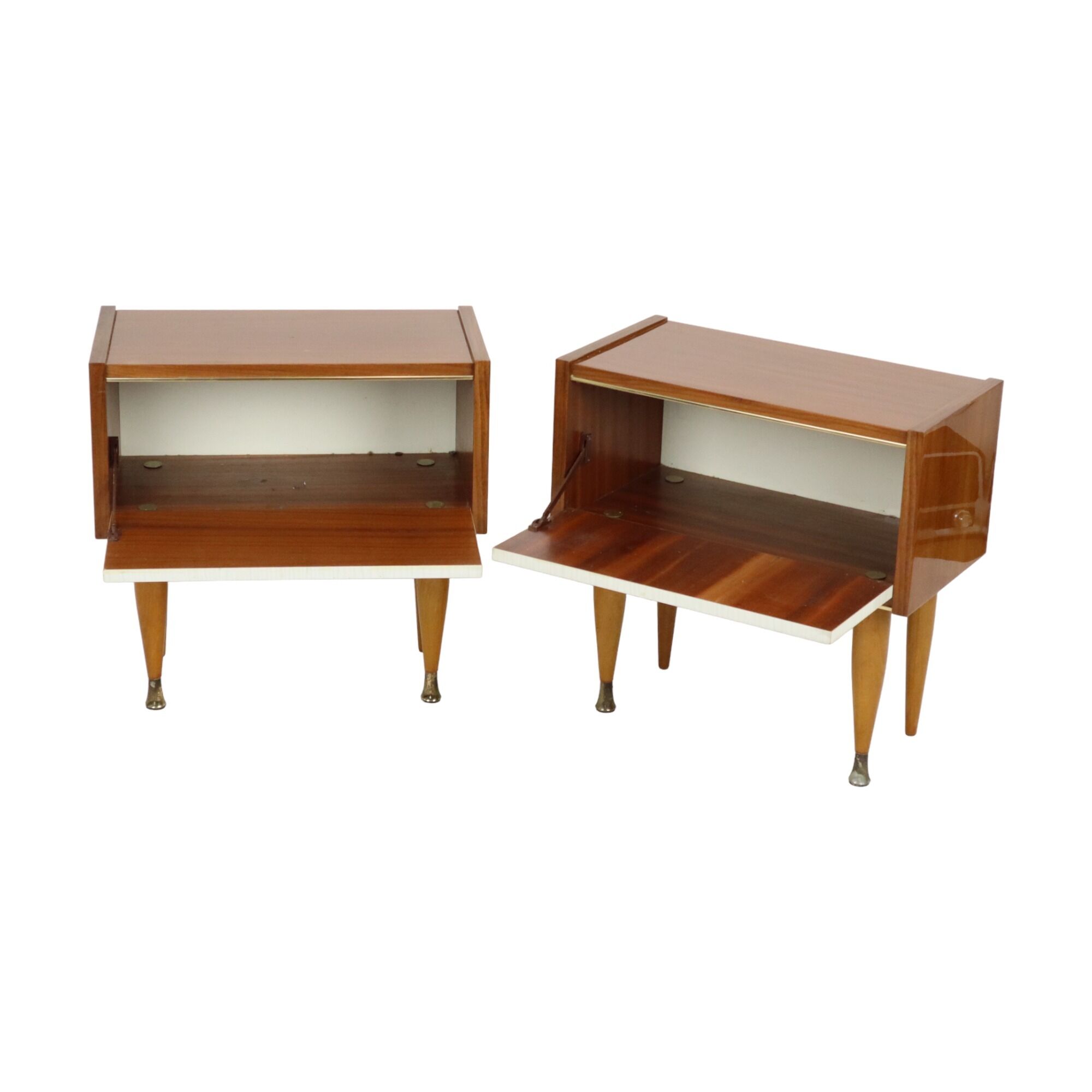 Pair of vintage wooden bedside tables hinged door conical 1960s design