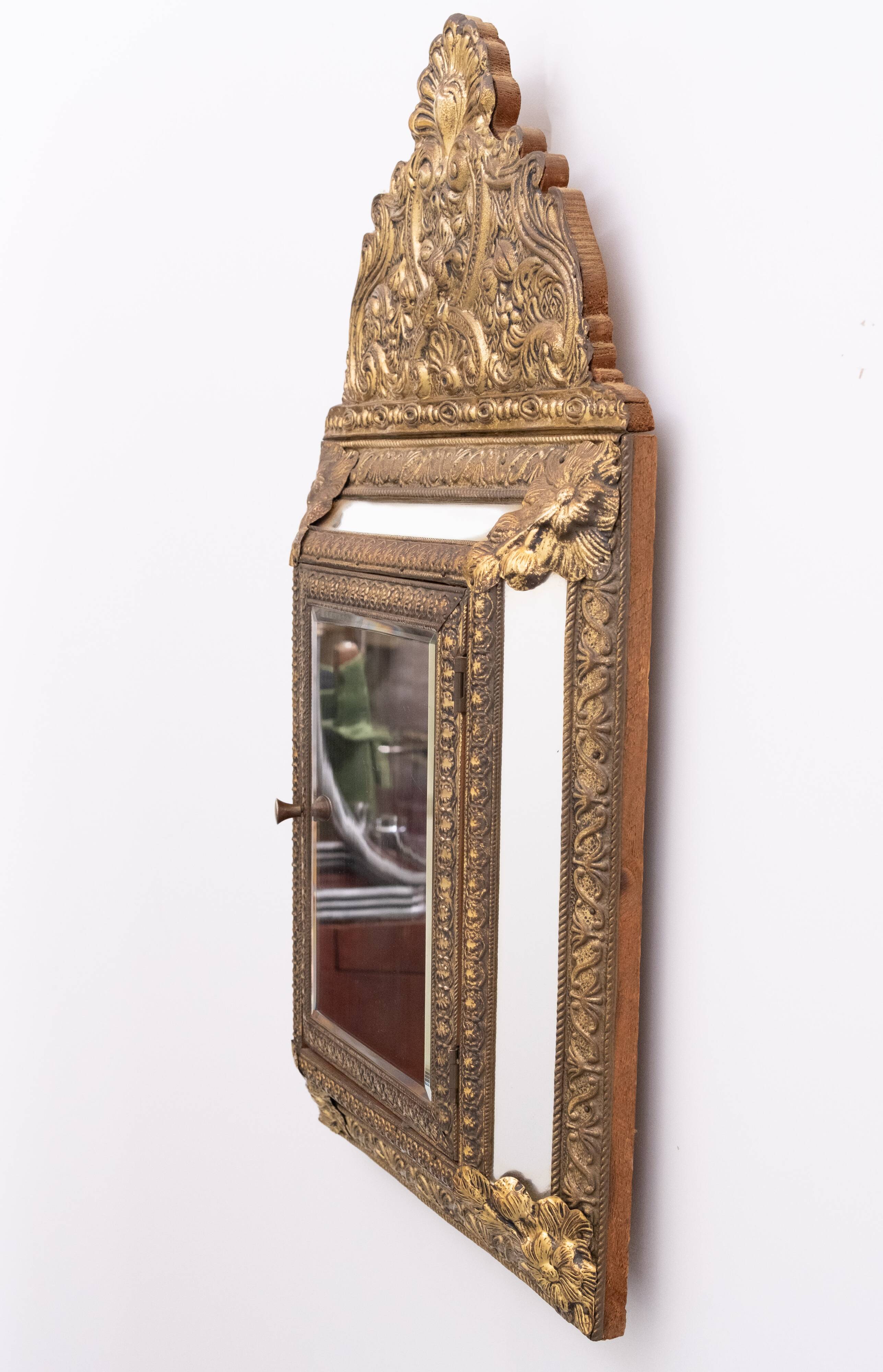Antique Dutch Brass Ornate Repousse hanging Mirror Hall Cabinet