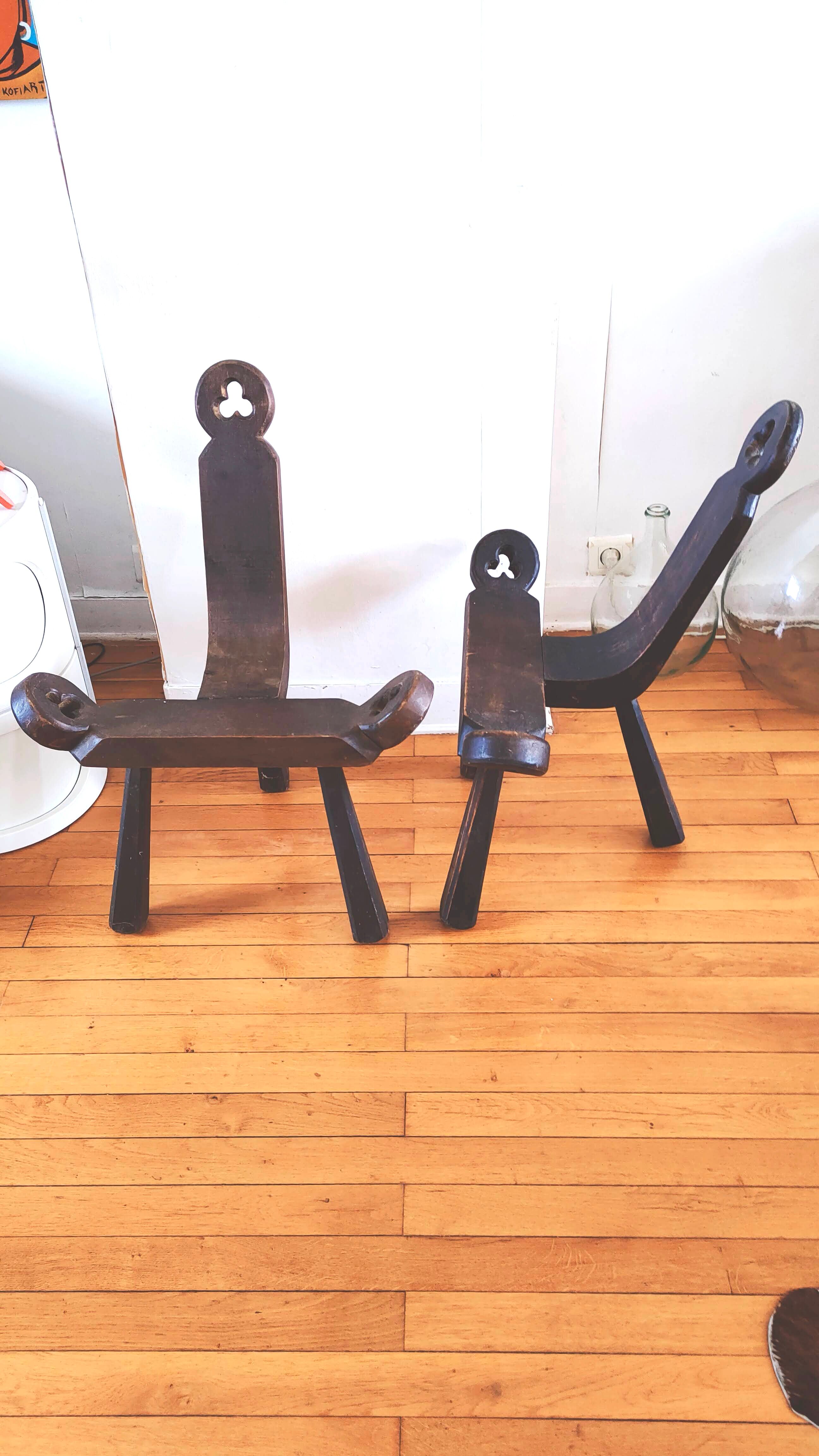 Pair of brutalist chairs tripod feet