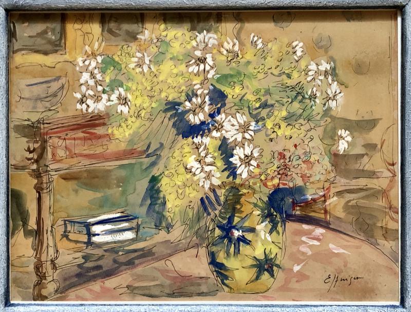 1930s/1950s, Watercolor Gouachée Figurant Un Intérieur Au Bouquet De Fleurs.