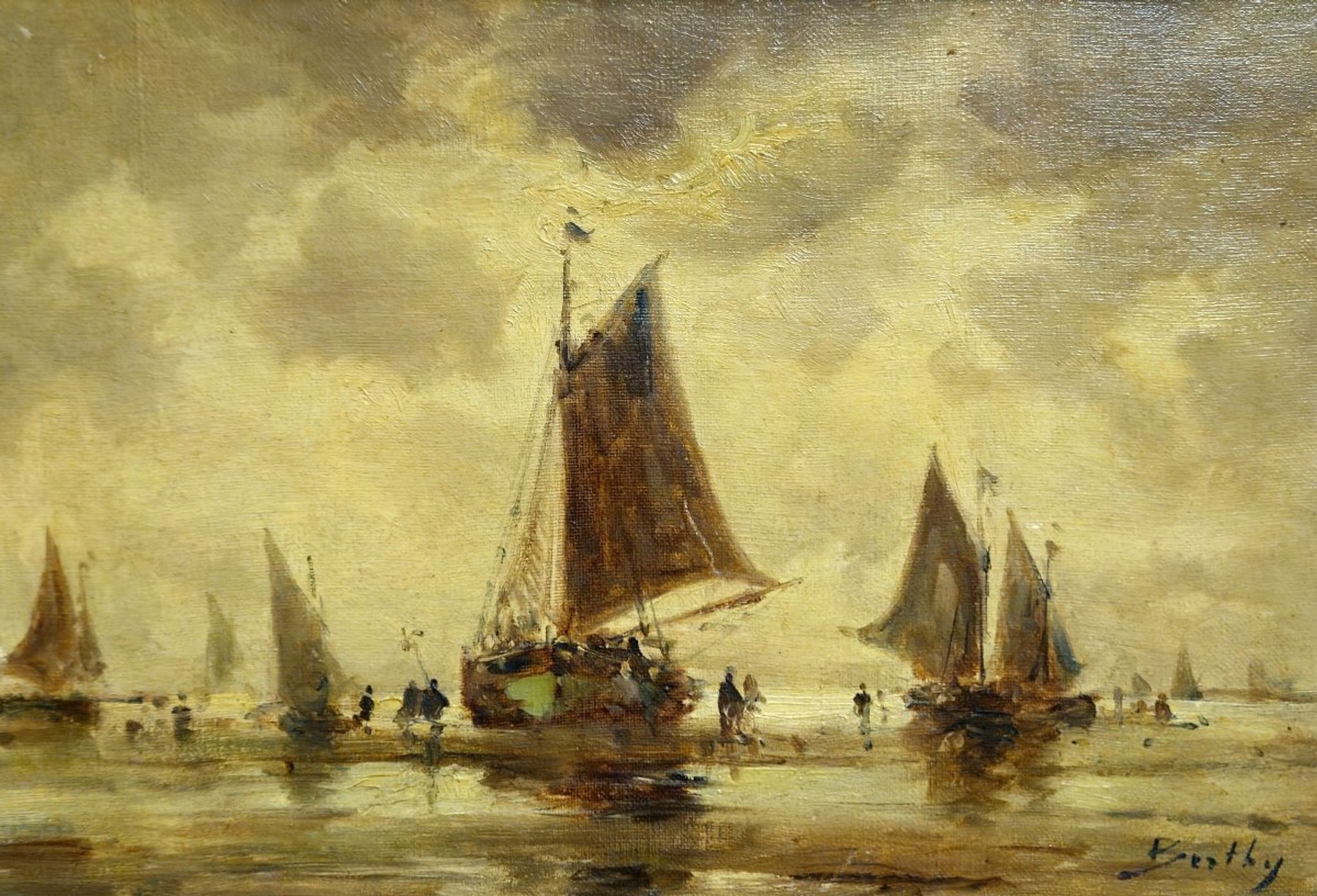 Oil on canvas antique – seascape with sailing boats – signed Bentley