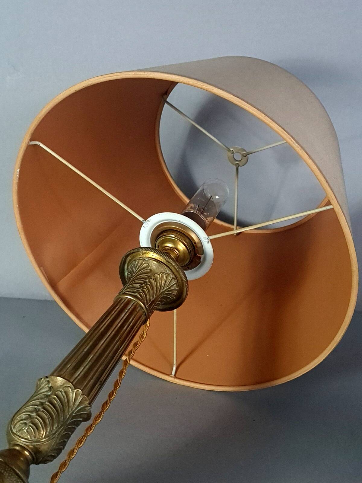 Antique bronze brass torch mounted as a lamp with shade, 44 cm C676