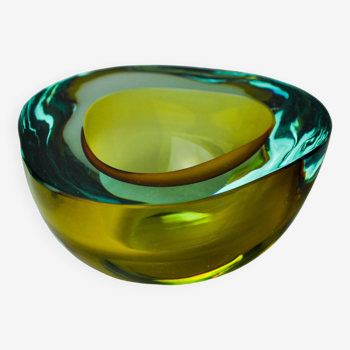 Cendrier sommerso bleu et jaune par seguso, verre de murano, italie, 1970