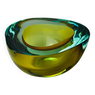 Cendrier sommerso bleu et jaune par seguso, verre de murano, italie, 1970