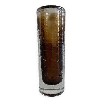Vase en verre décoratif en cylindre, teintes ambre et bulles, années 1970