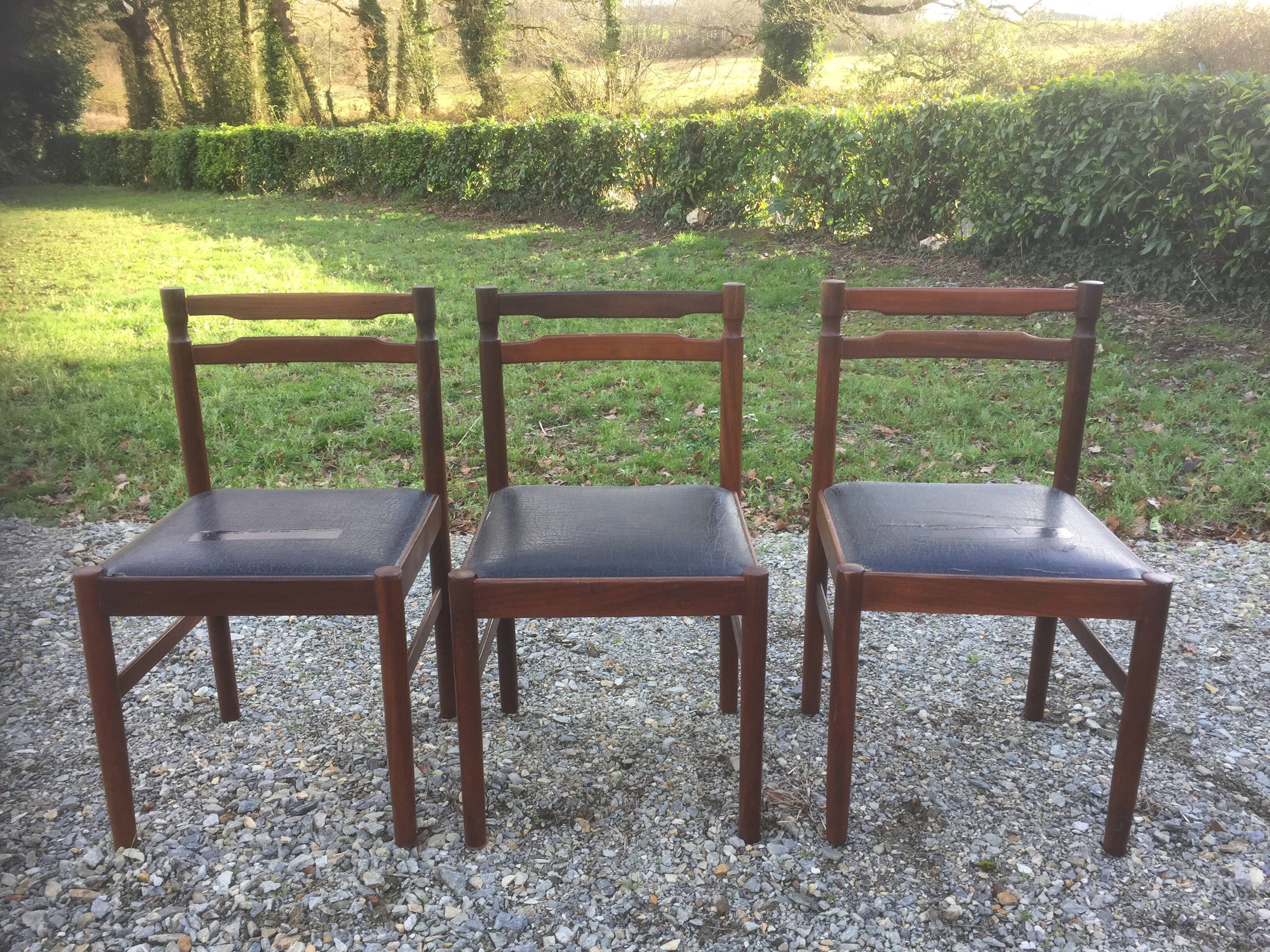 Vintage scandinavian teak chairs, black skaï seats as it is