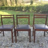Vintage scandinavian teak chairs, black skaï seats as it is