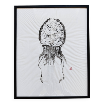 Original cuttlefish gyotaku, framed
