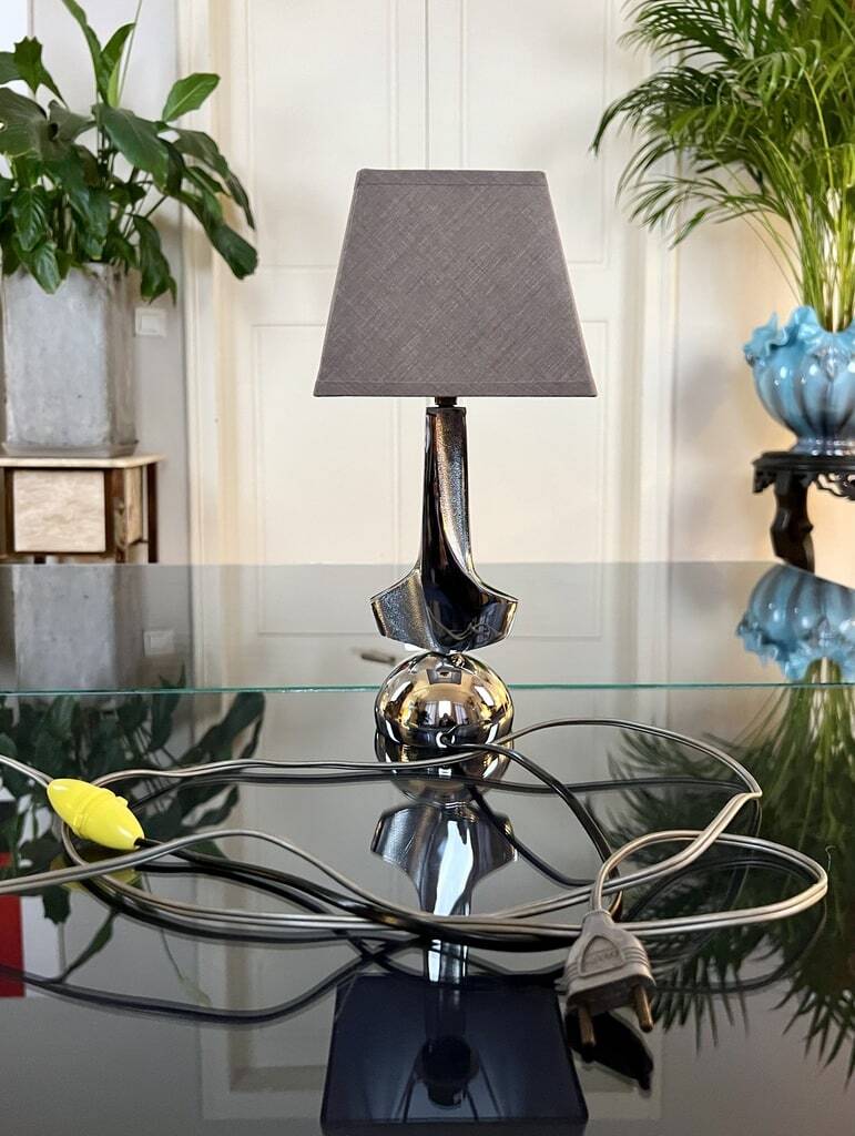 Modernist Art Deco Table Lamp in Chromed Metal - Textile Lampshade