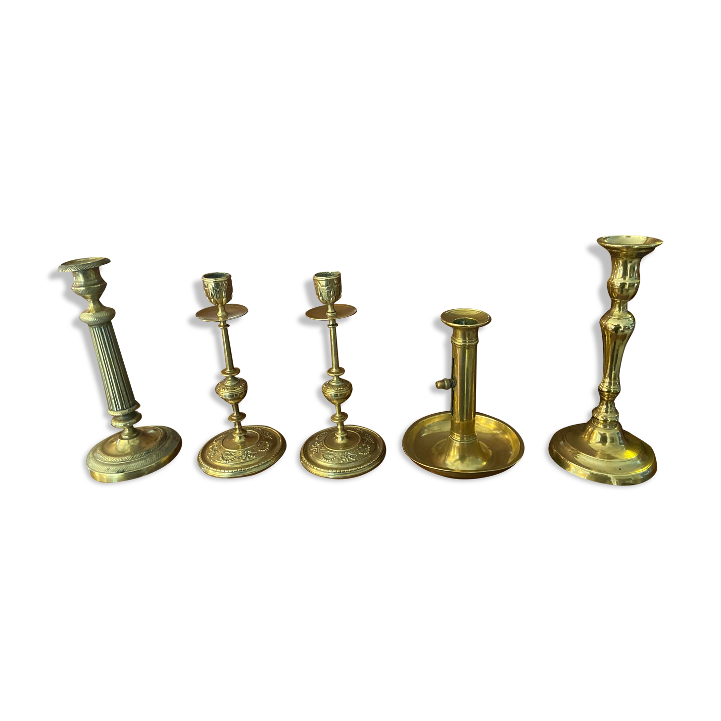 Set of 5 candle holders in fine golden brass XXth