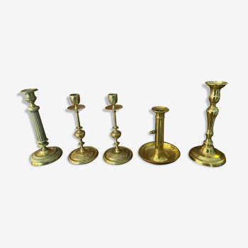 Set of 5 candle holders in fine golden brass XXth