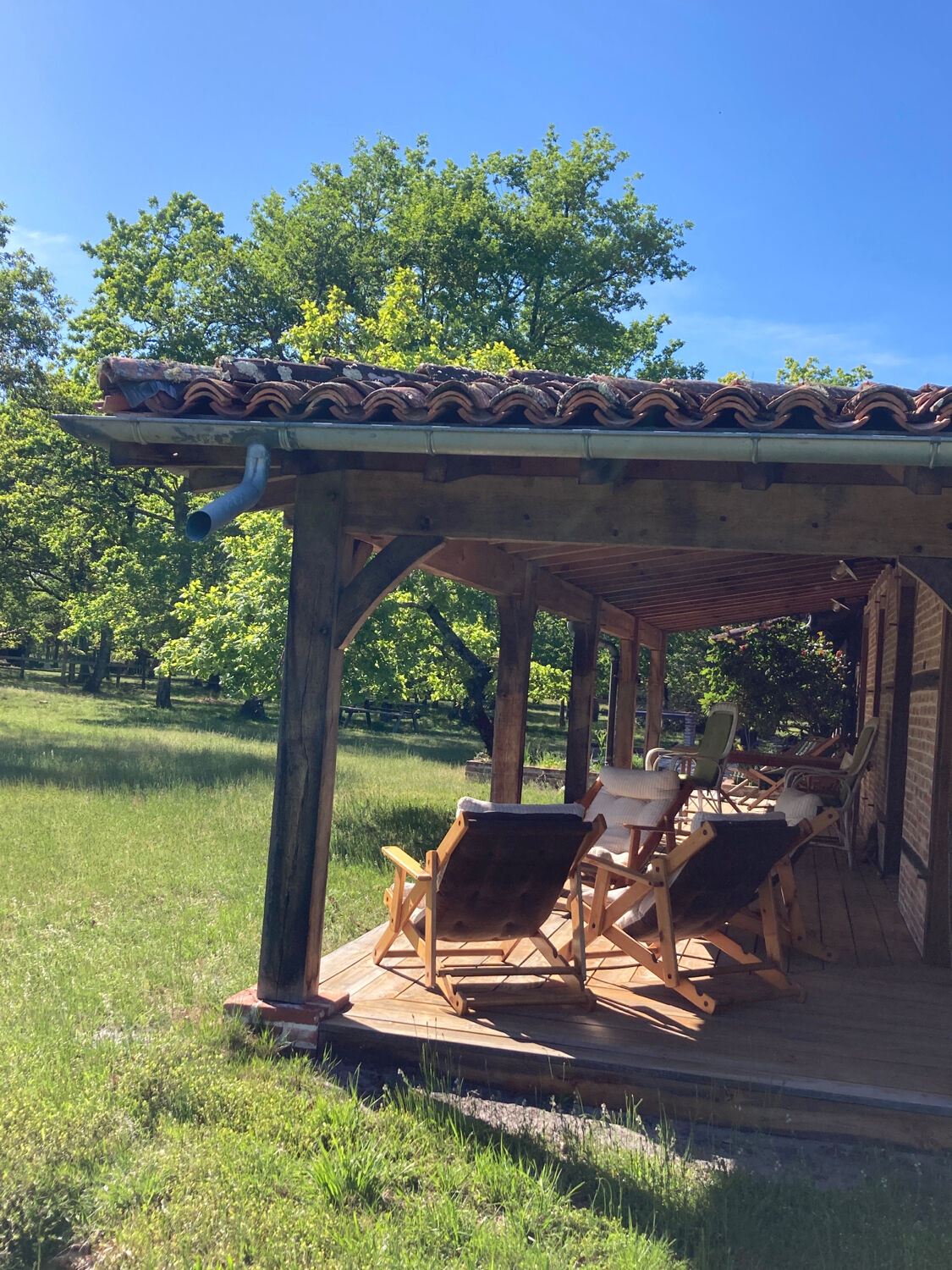 4 garden armchairs 1970 in pine and beige fabric