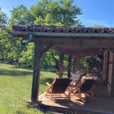 4 garden armchairs 1970 in pine and beige fabric