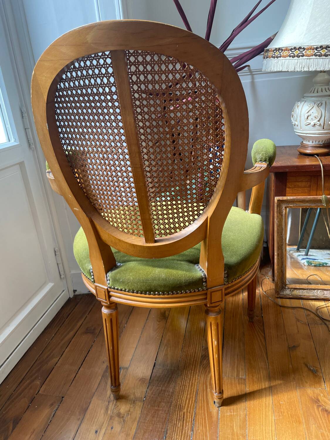 Louis XVI style armchair in velvet and rattan