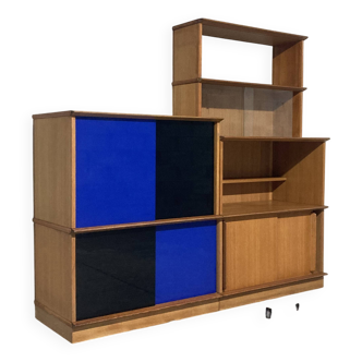 Bibliothèque vitrine asymétrique chêne doré meuble Oscar  vintage années 60