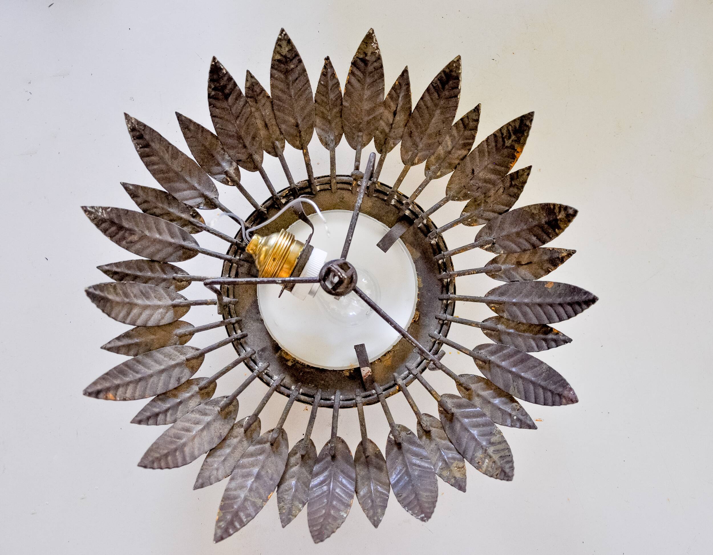 Sun wall lamp by ferro arte, metal and gold leaf and opaline glass, Spain, 1960