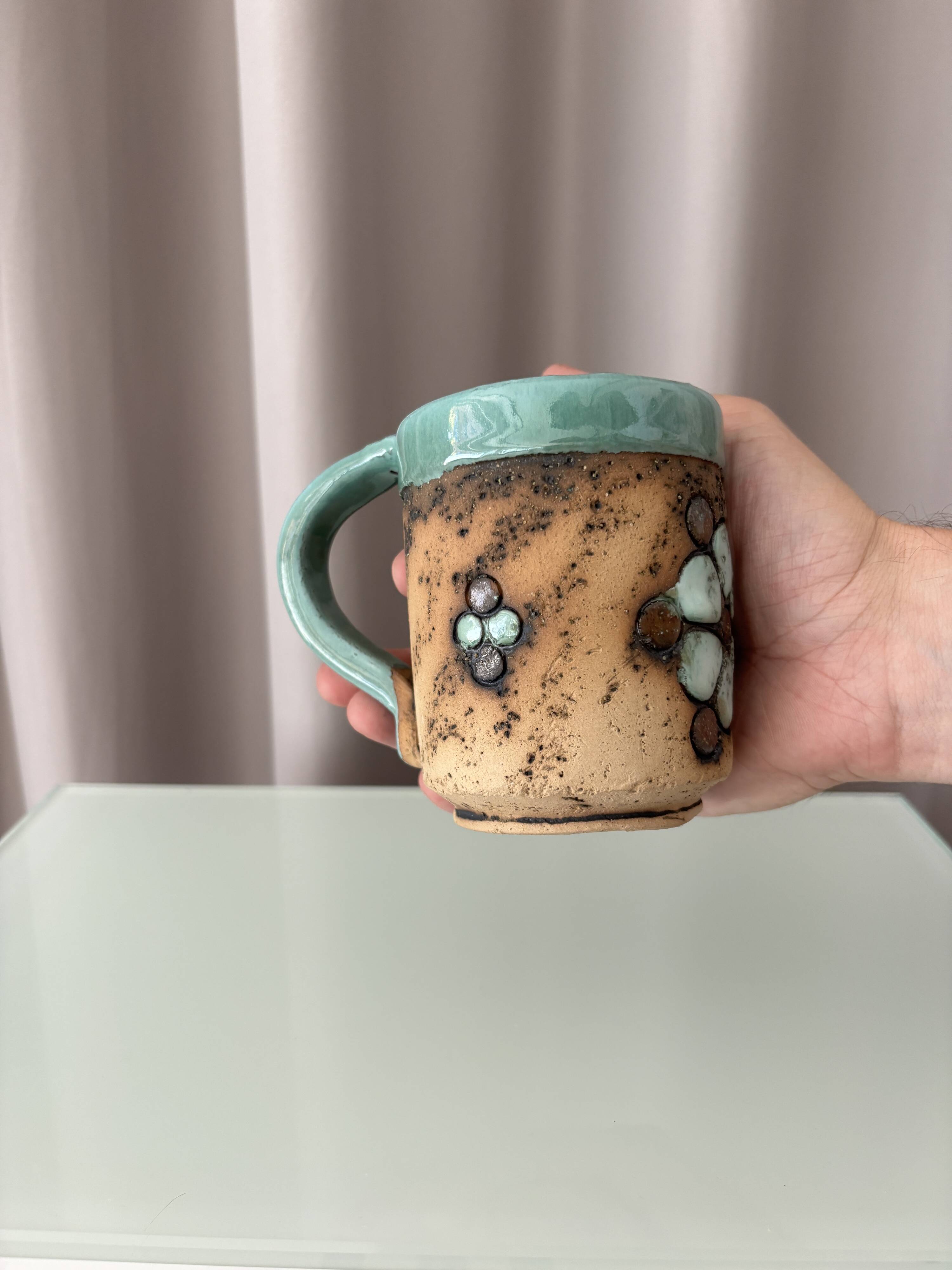 Vintage Handmade Studio Pottery Mug | Brutalist Floral Ceramic | 1970s