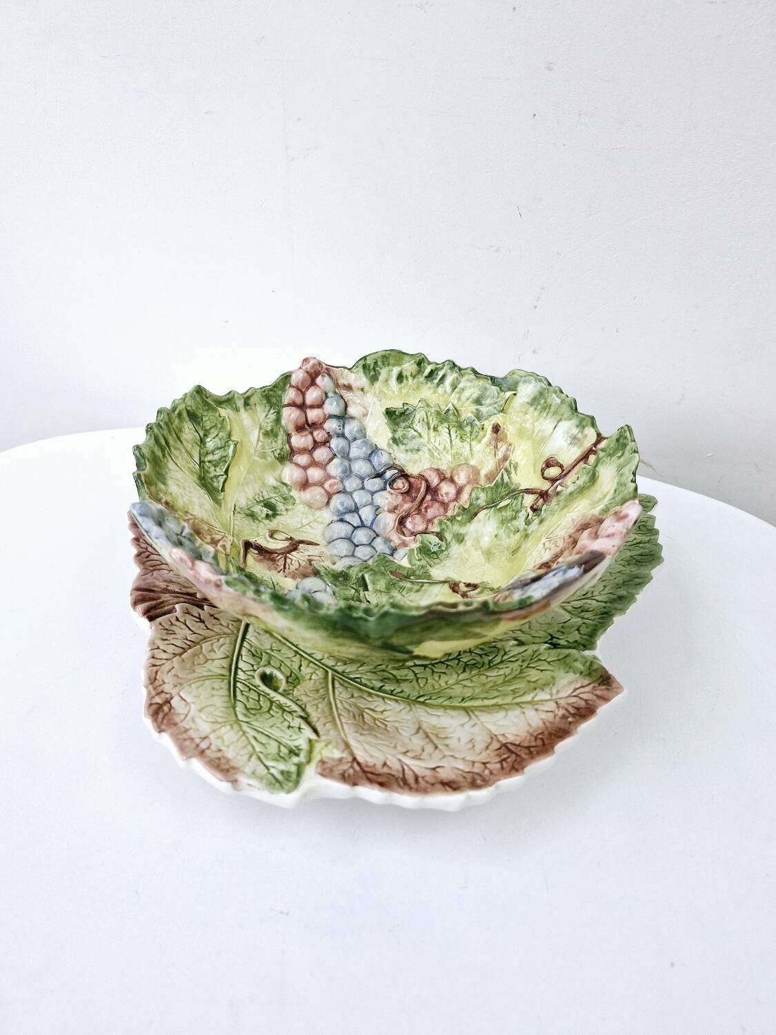 Vintage Draining Salad Bowl Signed GV In Grape Vine Leaf Barbotine