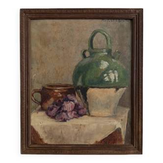 Oil on cardboard still life with jug by M. Reppere 20th century